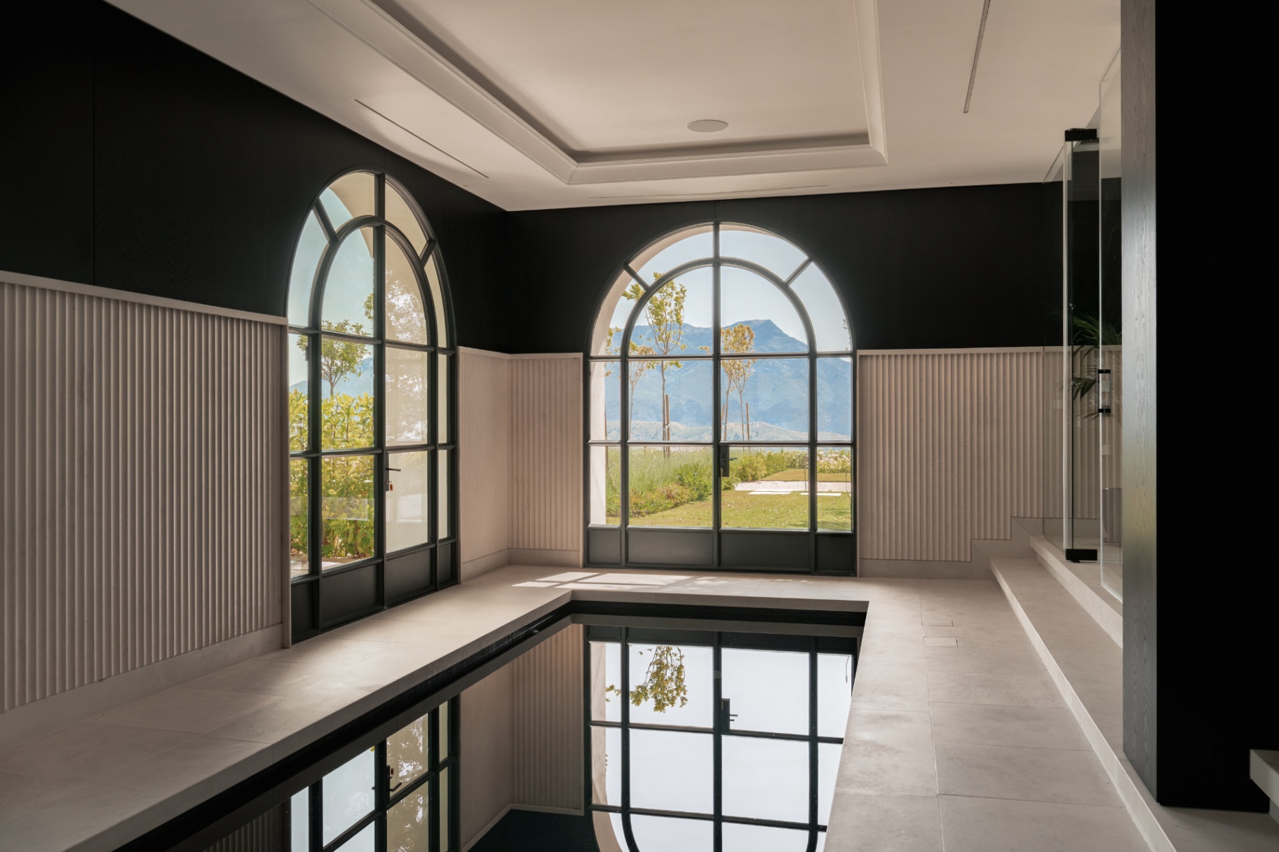 The wellness pool looking through large arched windows toward the landscape.